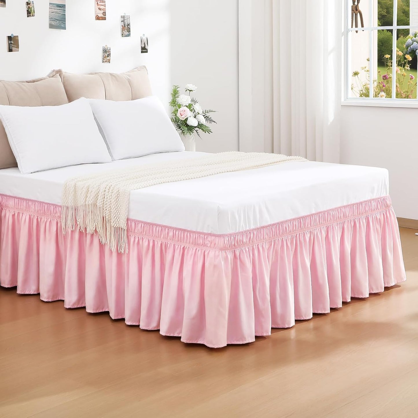 RIMELA Dusty Pink Bed Skirt Queen Size 18 Inch Drop, Wrap Around Elastic Bedskirt, Dust Ruffle for Adjustable Bed Base Machine Washable Easy to Install Bed Skirts