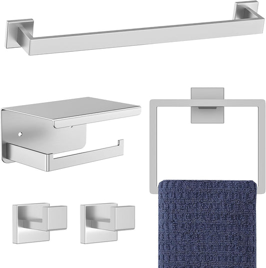 5-Pieces Brushed Nickel Bathroom Hardware Accessories Set,16 Inch Towel Bar Set,Stainless Steel Bathroom Hardware Set Towel Holder Set for Bathroom,Wall-Mounted Bathroom Accessories Kit