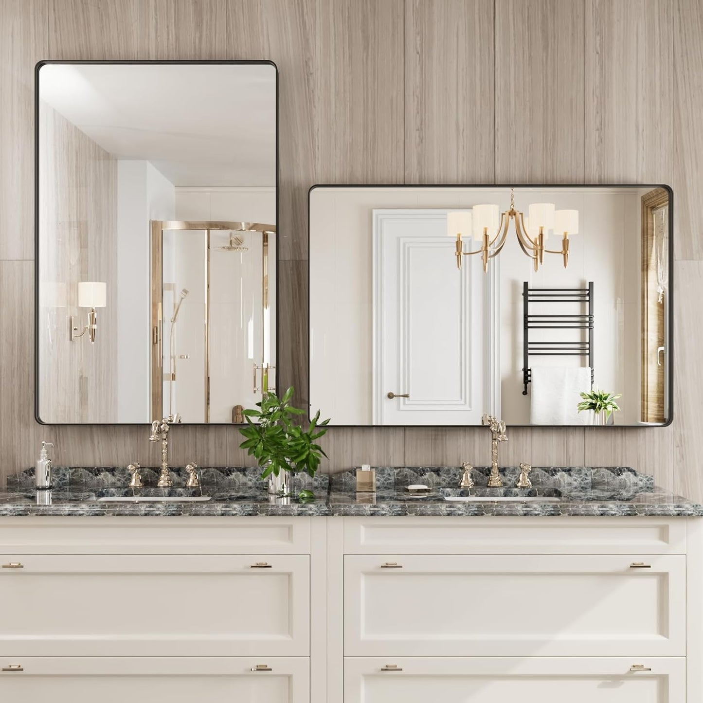 Black Bathroom Mirror 48X32 Inch, Black Metal Framed Mirror for Wall, Rounded Rectangle Matte Bathroom Vanity Mirror with Tempered Glass, Anti-Rust, Horizontal/Vertical