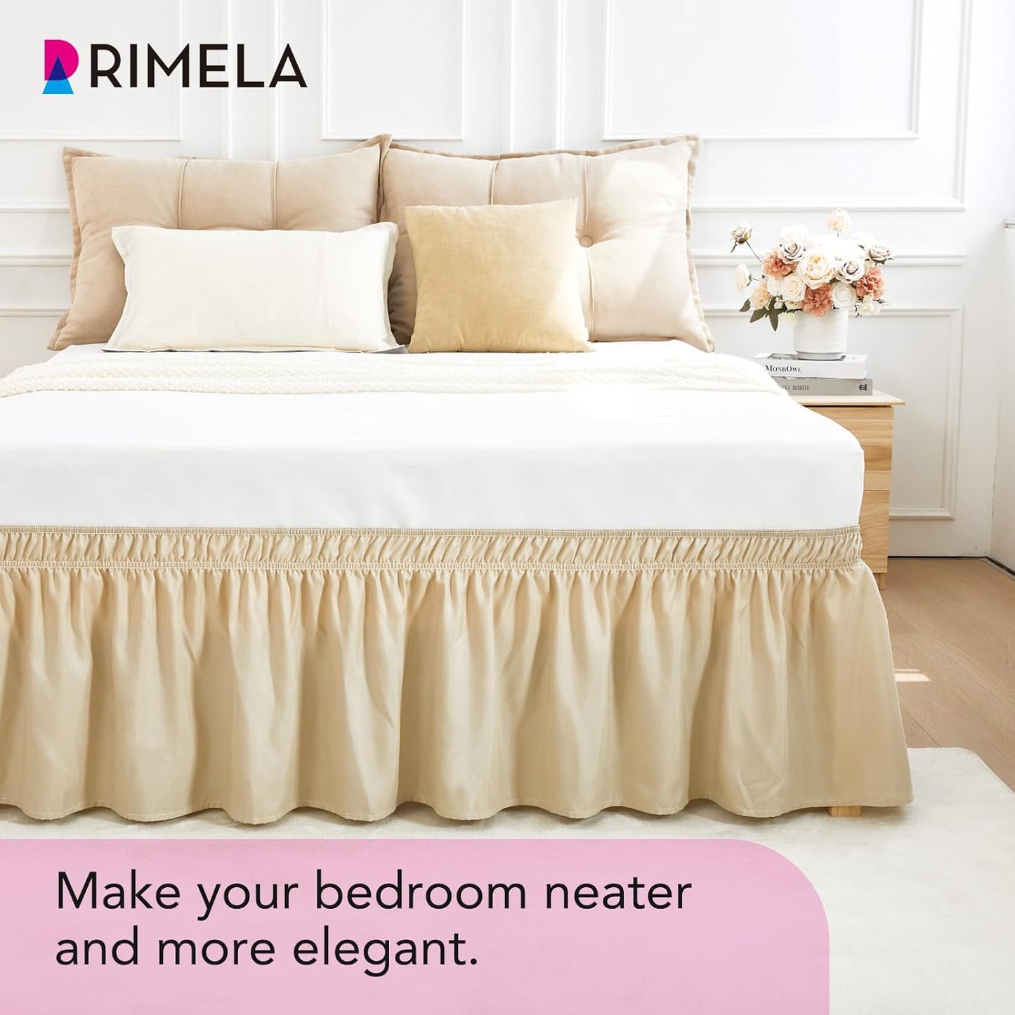 RIMELA Oatmeal Bed Skirt King Size 18 Inch Drop, Elastic Bed Skirting for Bed Base and Frame, Bedding Dust Ruffle Easy to Install, Lightweight Wrap Around Adjustable Bedskirt