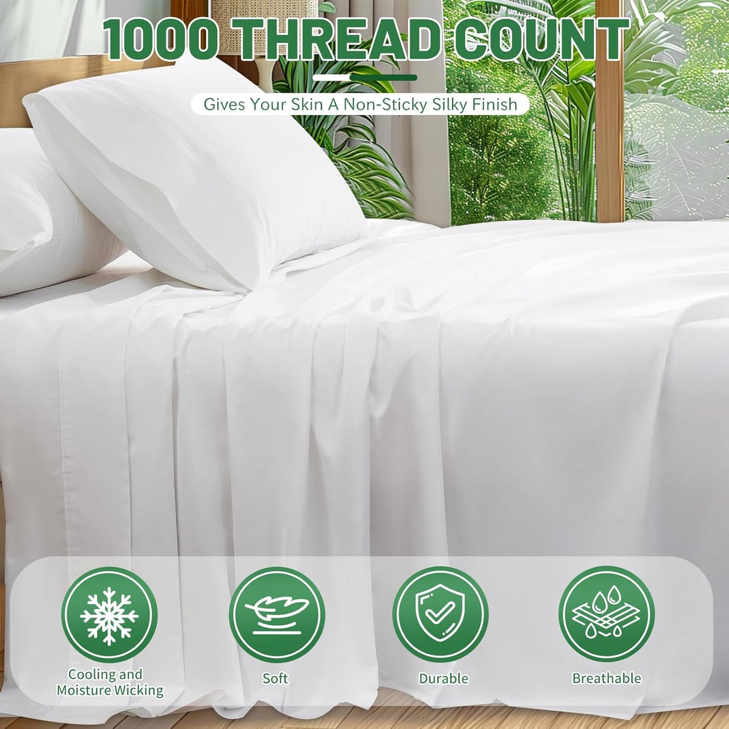 100% Egyptian Cotton Sheets Cal King Sheet Set 1000 Thread Count Sateen Weave Soft Breathable 16-Inch Deep Pocket 4PCS（California King,White）