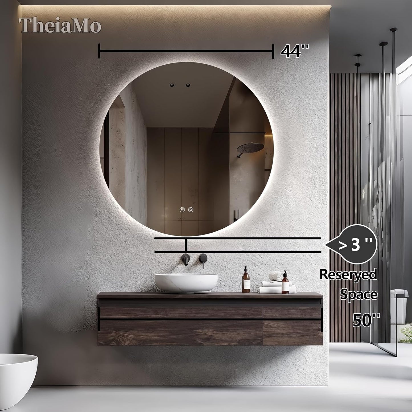Round LED Mirror for Bathroom, 44" Circle Frameless Backlit Mirror with Lights, Wall Mounted Vanity Mirror, 3 Colors, Dimmable, Anti-Fog, IP65 Waterproof, Memory Function, UL Listed