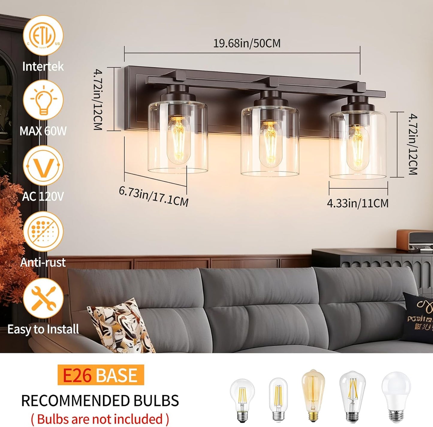 3 Light Modern Bathroom Light Fixtures Over Mirror, Bronze Finish Vanity Lights for Bathroom Wall Sconces with Clear Glass Shades, E26 Socket (Bulbs Not Included)