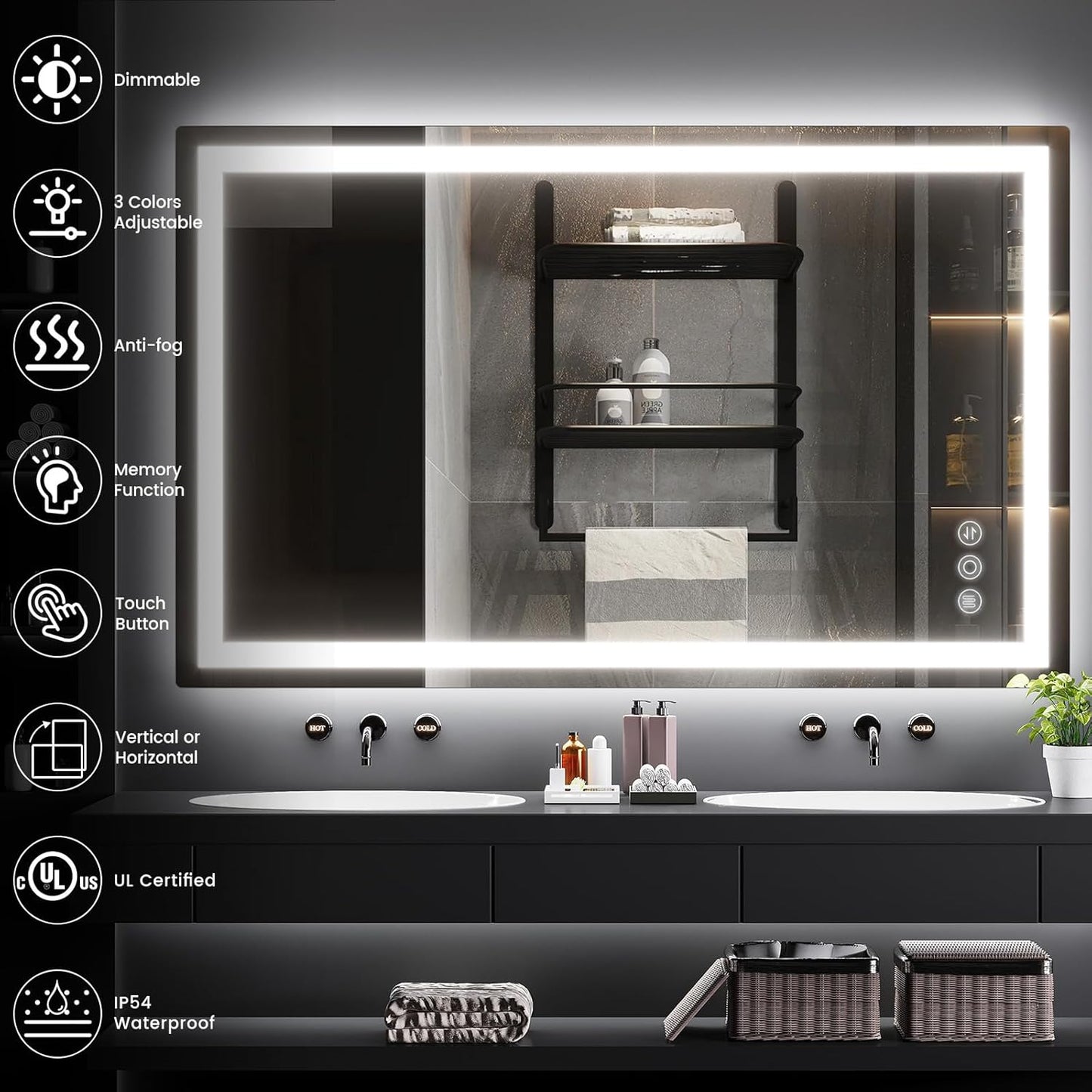 30"x 48" LED Mirror for Bathroom with Frontlit and Backlit, Anti-Fog, 3 Colors Temperature & Dimmable, Wall Mounted Bathroom Mirror