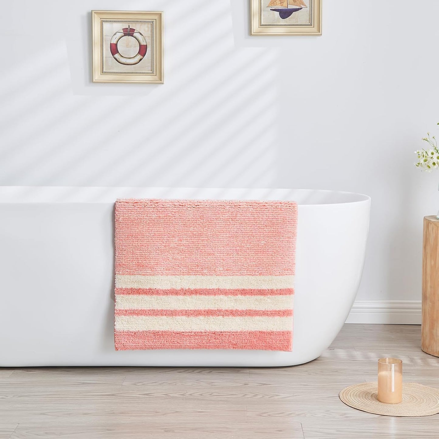 CozeCube Bath mats for Bathroom Non Slip, Fluffy Absorbent Microfiber Bath mat Washable, Aesthetic Bathroom Rugs, Cute Blossom Pink Striped Bath mat, Blossom Pink, 32" x 20"