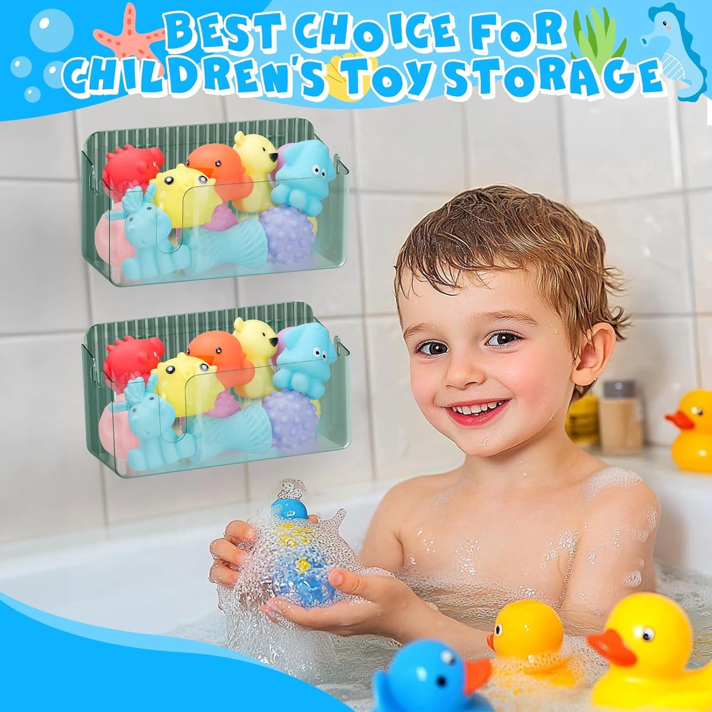 2-Pack Clear Bath Toy Storage Holder Organizer, Large Capacity Durable Plastic Bathtub Shower Caddy with Drain Holes, Quick-Dry Drainable Easy Install (Transparent Green 2-Pack)