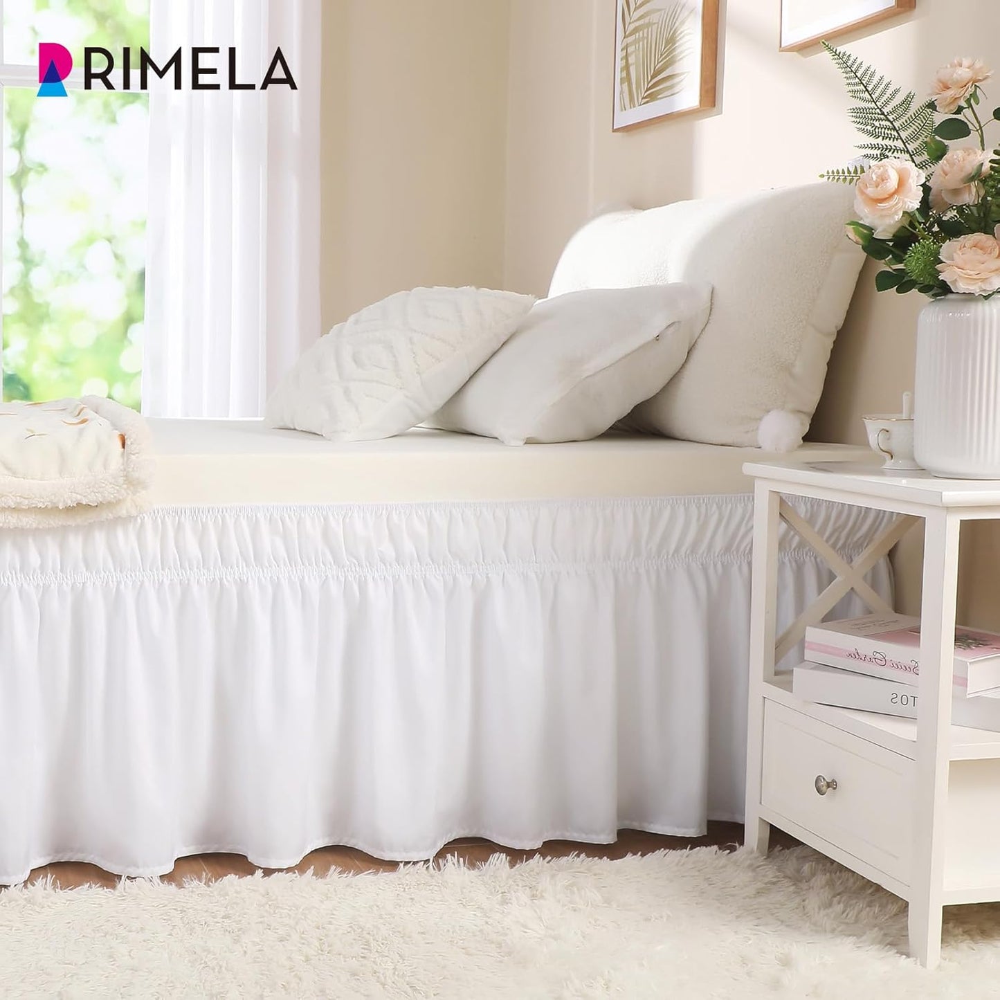 RIMELA White Bed Skirt Twin Size 15 Inch Drop, Elastic Bed Skirting for Bed Base and Frame, Bedding Dust Ruffle Easy to Install, Lightweight Wrap Around Adjustable Bedskirt