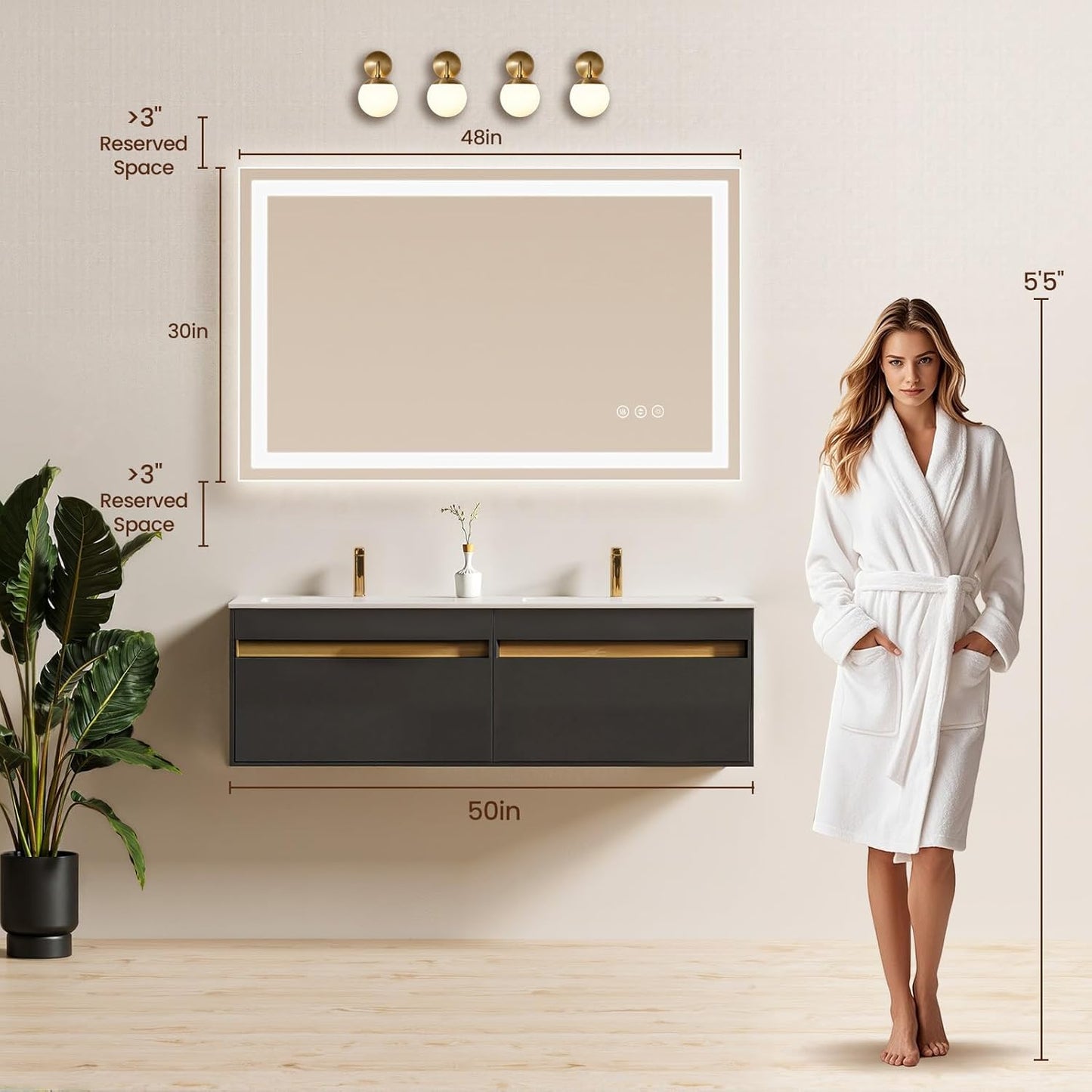 48X30 LED Bathroom Mirror with Lights, Anti-Fog, Backlit + Front Lit, Lighted Bathroom Vanity Mirror for Wall, Memory Function, Dimmable, Tempered Glass, Shatter-Proof, ETL Listed