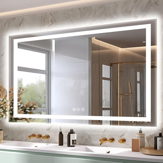 55"x36" LED Bathroom Mirrors for Wall, Front and Backlit Mirror, Anti-Fog Light up Mirror, Stepless Dimmable Lighted Mirror, 3 Colors Smart (Horizontal/Vertical)