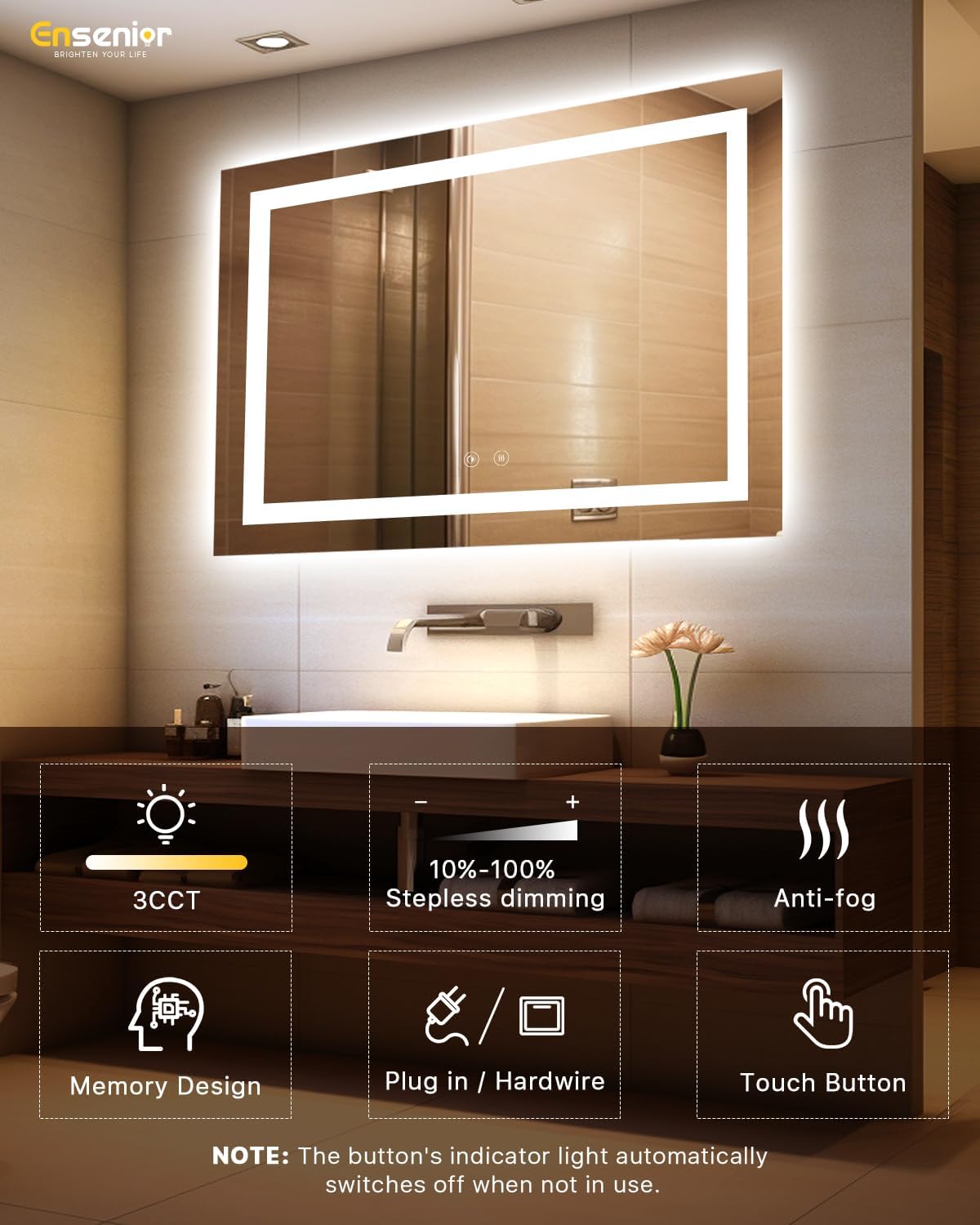 Ensenior LED Bathroom Mirror 60"x 40" with Front and Backlight, Stepless Dimmable Wall Mirrors with Anti-Fog, Shatter-Proof, Memory, 3 Colors, Modern LED Vanity Mirror- FCC