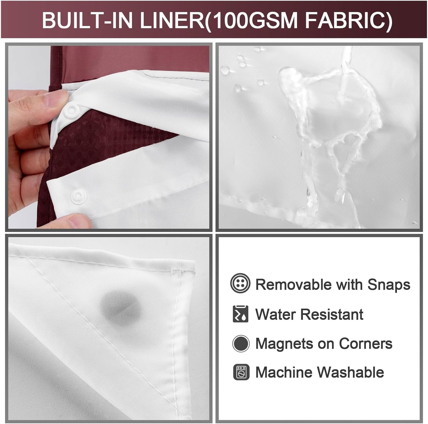 YellyHommy No Hook Shower Curtain with Snap in Liner Set Less Time Waffle Shower Curtain for Bathroom 75" L x 72" W Burgundy