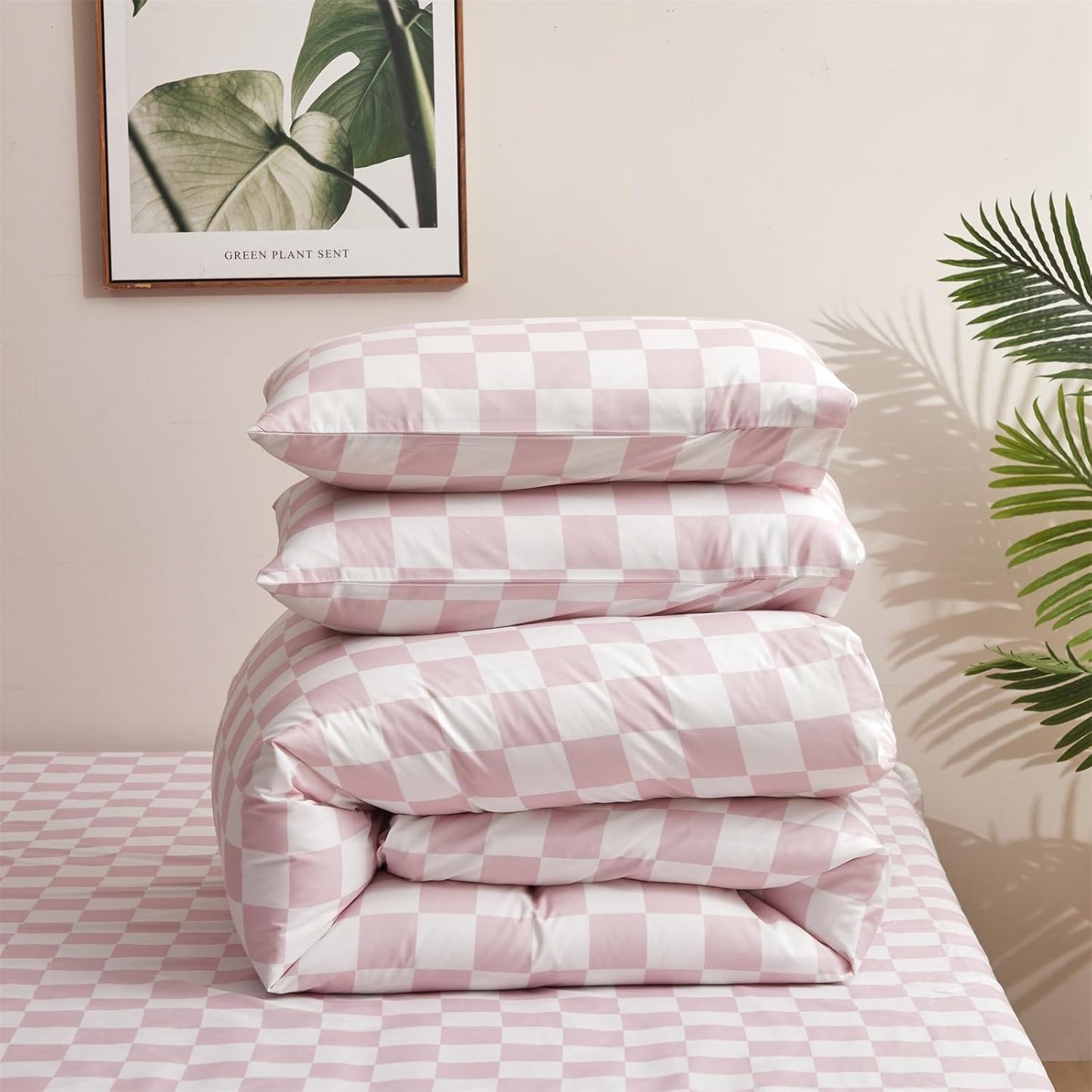KAREVER Pink White Grid Comforter Set Cal King Pink Plaid Bedding Set Women Pink White Checkered Bed Blanket Set Men Durable Breathable Bedding Comforter Set