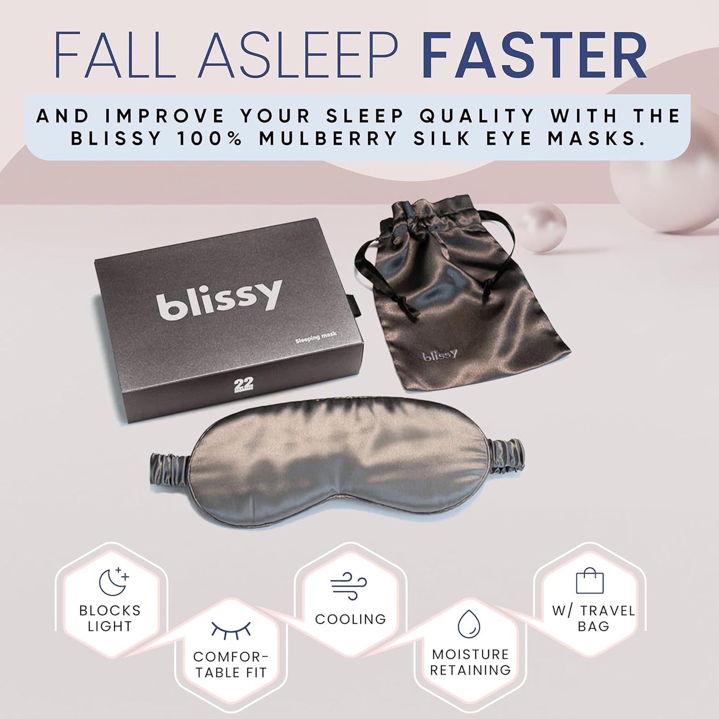 Blissy Silk Sleep Mask - Eye Sleeping Mask for Women & Men for Total Blackout - 100% Pure Mulberry Silk, 22 Momme 6a Fibers - Blindfold Sleep Mask Side Sleeper Eye Cover (Grey)