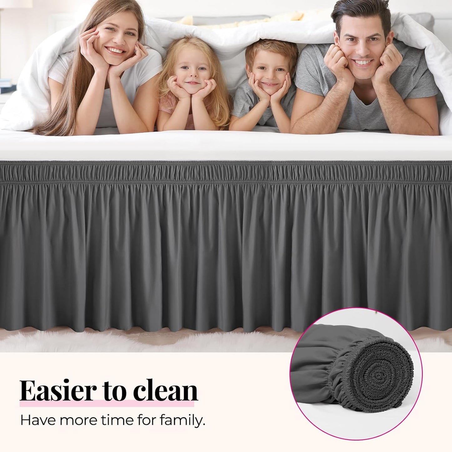 RIMELA King Grey Bed Skirt Wrap Around Elastic Dust Ruffles Solid Color Wrinkle and Fade Resistant with Elastic Belt Easy to Install Dark Gray for King & California King Size 15 Inch Drop