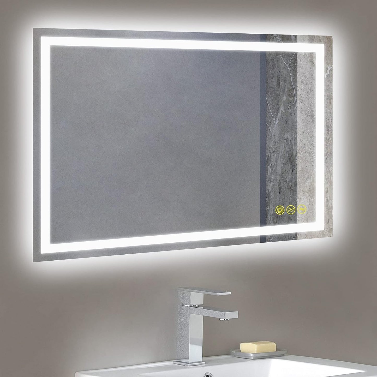 Wall-Mounted LED Square Bathroom Mirror, Makeup Mirror (36 inches x 24 inches,) 3 Color Stepless Dimmable Memory Bathroom Vanity Mirror with Lights CRI90+ 3000-6400K Smart Mirror with Touch