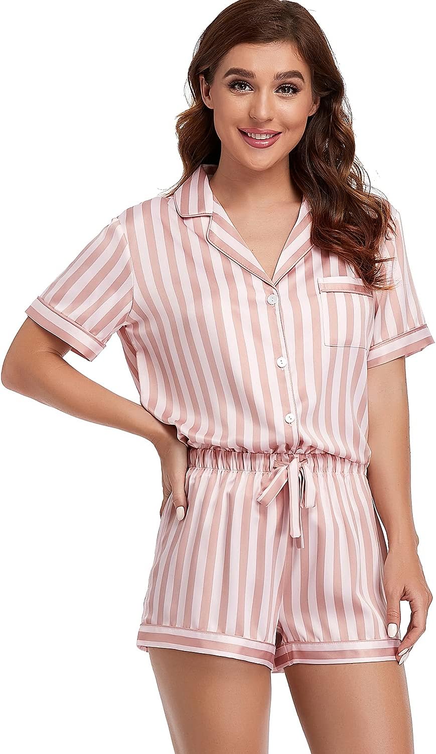 Women's Satin Pajama Set 2-Piece Sleepwear Loungewear Button Down Short Sleeve Silky PJ Set