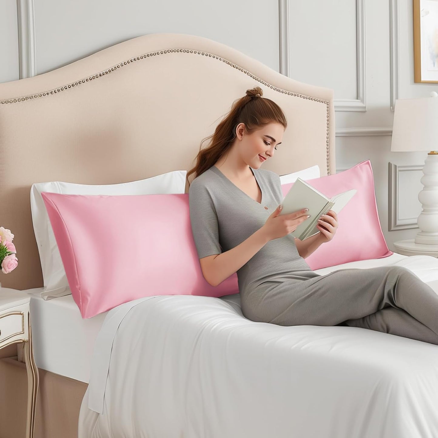 INFIIXSO Body Pillow Cover with Zipper, Luxury Mulberry Silk Body Pillow Case 20x54 Inches, Ultra Smooth and Soft Cooling Long Pillowcase, Gift for Women, Men(Pink)