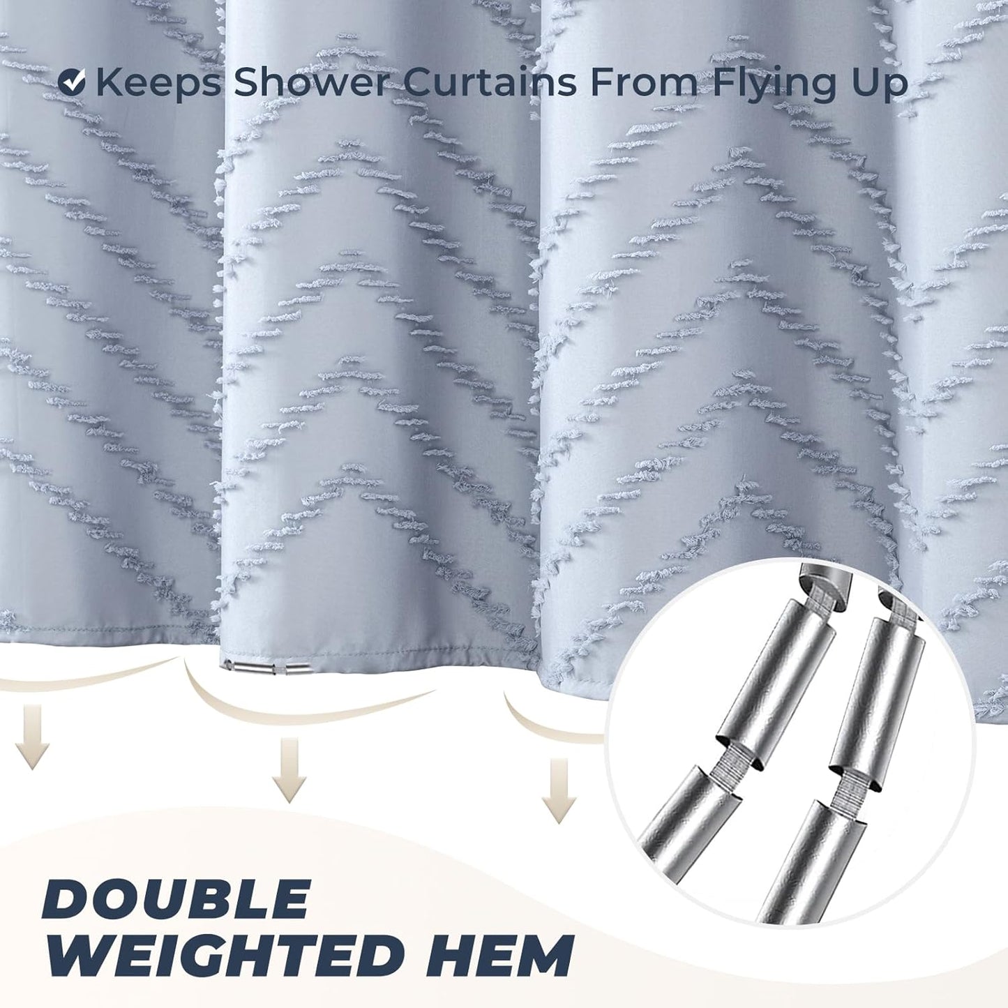 78inches Long Light Blue Boho Fabric Shower Curtain Tufted Chevron Striped Textured Cloth Curtains for Bathroom, Fog Blue