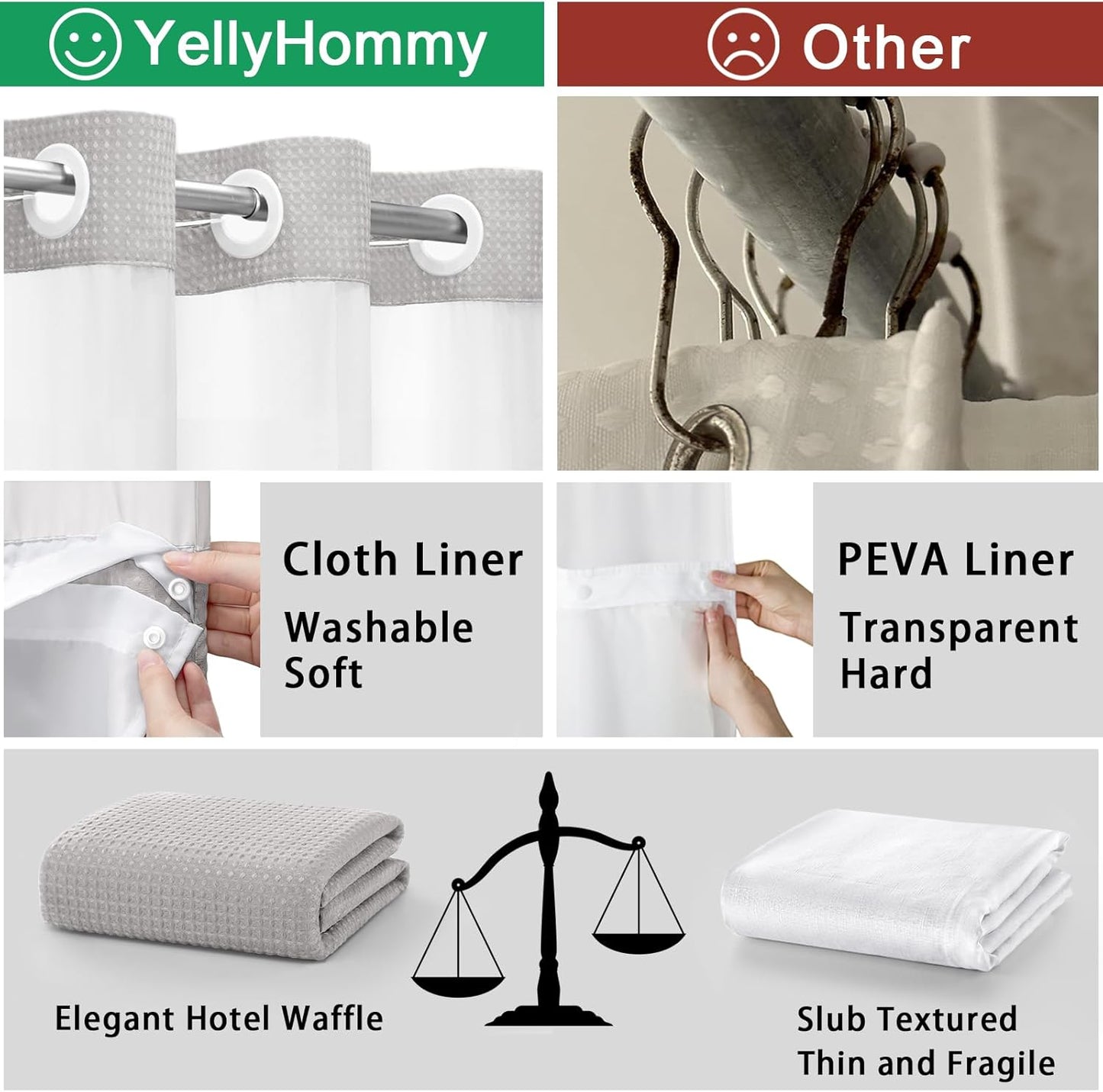 YellyHommy No Hook Shower Curtain with Snap in Liner Set Less Time Light Gray Waffle Shower Curtain for Bathroom 87" L x 72" W Light Grey