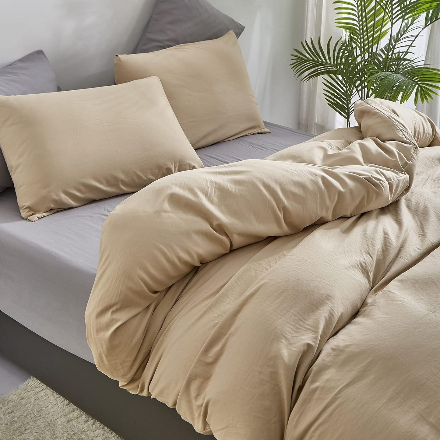 Cottonight Champagne Comforter Set Queen Beige Khaki Bedding Set Full Solid Taupe Blanket Quilts Soft Breathable Beige Sand Color Deep Champagne Modern Comforter Set for Women Men
