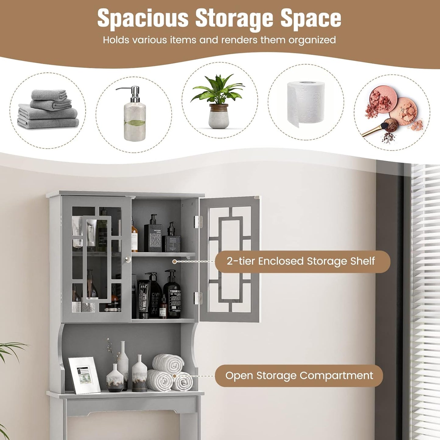 Giantex Over-The-Toilet Storage Space Saver, Bathroom Organizer with Cabinet and Shelf, Above Toilet Standing Rack (Gray)