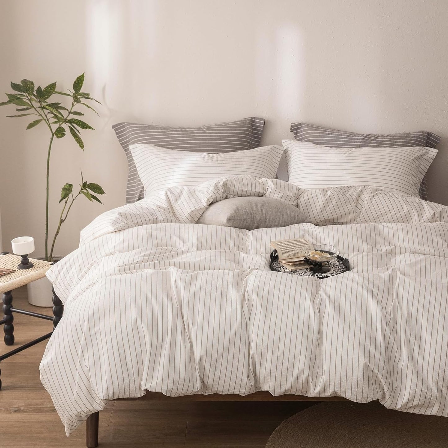 Stripe Duvet Cover Twin Size 90inch x 68inch,100% Washed Cotton Linen Feel Duvet Cover with Zipper Closure and 2 Pillowcases, Color of Off White-Linen Grey Stripe