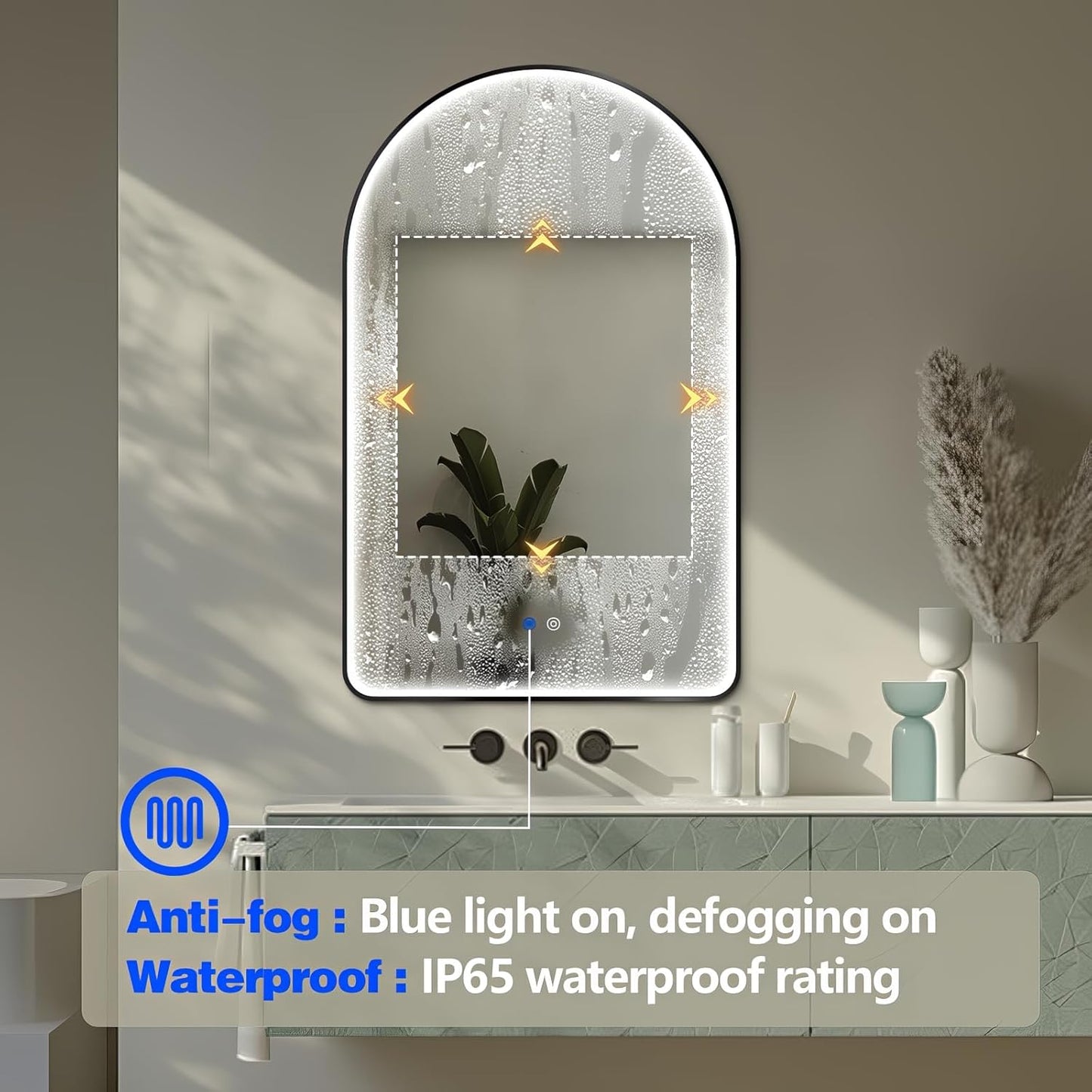 Niccy Arched LED Bathroom Mirror, 40"x30" Black Framed Arch Wall Lighted Mirrors, Arching Frontlit Vanity-Mirror with Memory Function for Bathroom Bedroom, Defogger and 3 Color, Explosion-Proof