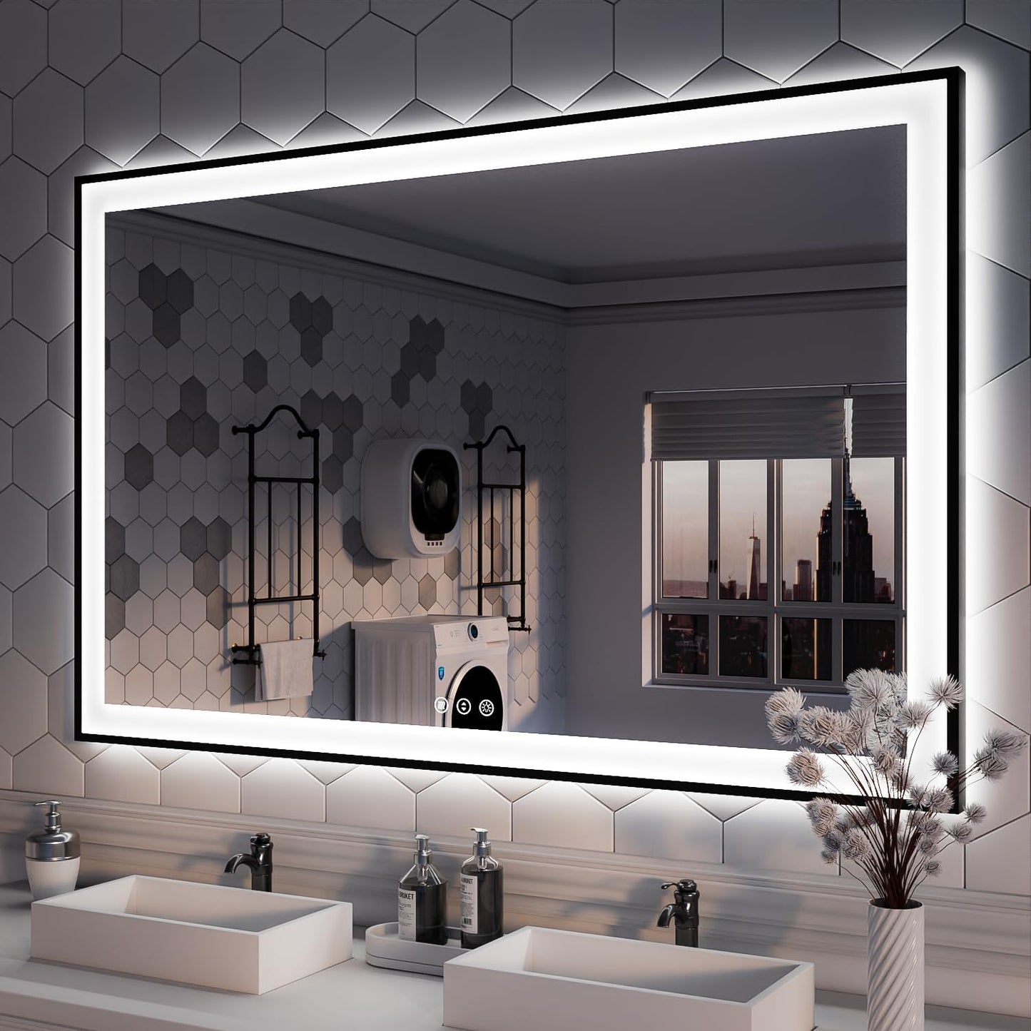ISKM Framed LED Mirror for Bathroom 55"x40", Dimmable LED Bathroom Mirror with Lights, Anti-Fog, Front and Backlit Lighted Mirror 3-Colors, Shatterproof, Memory Function