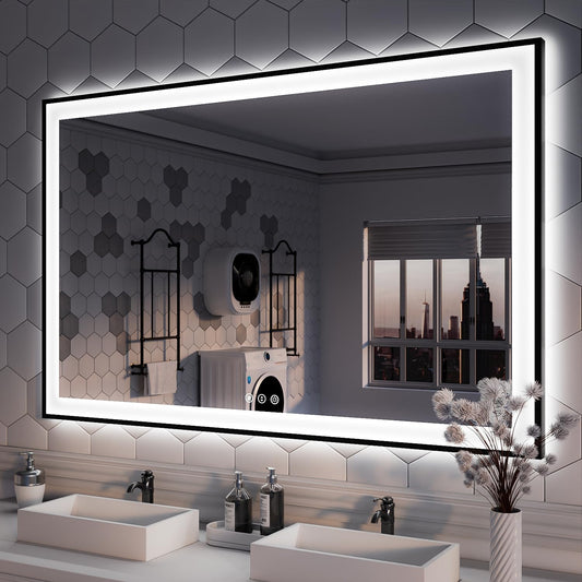 ISKM Framed LED Mirror for Bathroom 55"x36", Dimmable LED Bathroom Mirror with Lights, Anti-Fog, Front and Backlit Lighted Mirror 3-Colors, Shatterproof, Memory Function