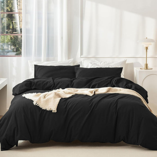 JIYUAN 100% Washed Cotton Duvet Cover Set 3 Pieces King, 1 Duvet Cover 104x90 Inches(Comforter Not Included) and 2 Pillowcases,Linen Feel Bedding Set Comfy and Breathable,Black