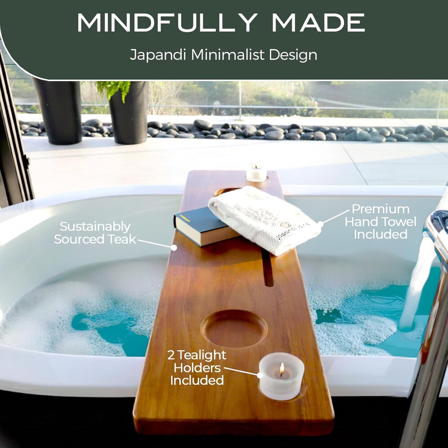 Grand Fjord Teak Bathtub Tray for Large Soaking Tub – Extra Long 35” Luxury Bath Tray for Freestanding Tubs with Candle Holders, Tealight Jars & Premium Towel by JapandiSpirit
