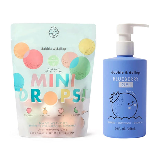 Dabble & Dollop Fresh Fruit Mini Bath Bombs & Blueberry Shampoo, Body Wash, Bubble Bath for Kids - All Natural Fruity Scents, Resealable Pouch, Vegan, Gluten-Free, Cruelty-Free (Pack of 2)