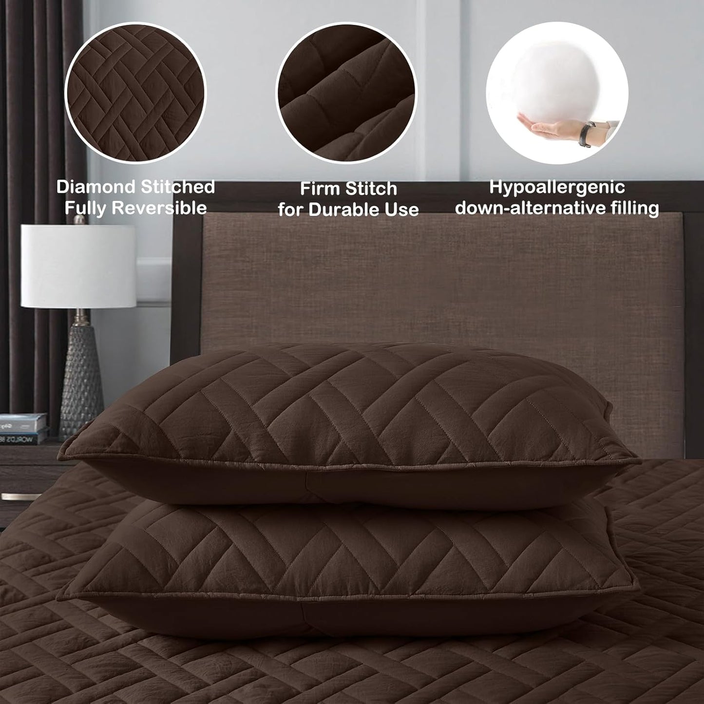 HORIMOTE HOME Quilt Set Queen Size Chocolate, Classic Geometric Diamond Stitched Pattern, Ultra Soft Microfiber Lightweight Bedding Bedspread Coverlet for All Season with 1 Quilt 2 Pillow Shams