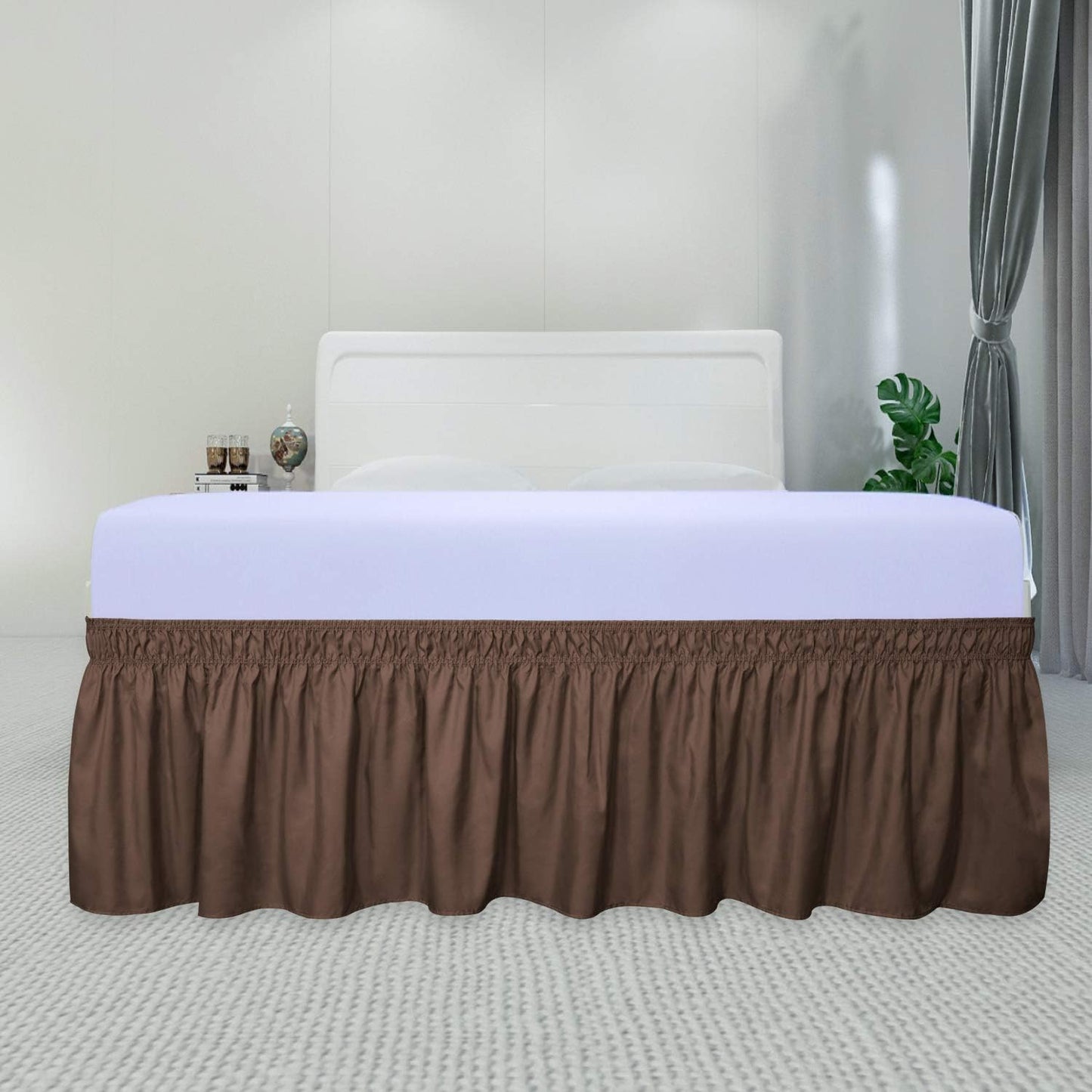 PureFit Wrap Around Ruffled Bed Skirt with Adjustable Elastic Belt - 18 Inch Drop Easy to Put On, Wrinkle Free Bedskirt Dust Ruffles, Bed Frame Cover for Twin,Twin XL and Full Size Beds, Brown