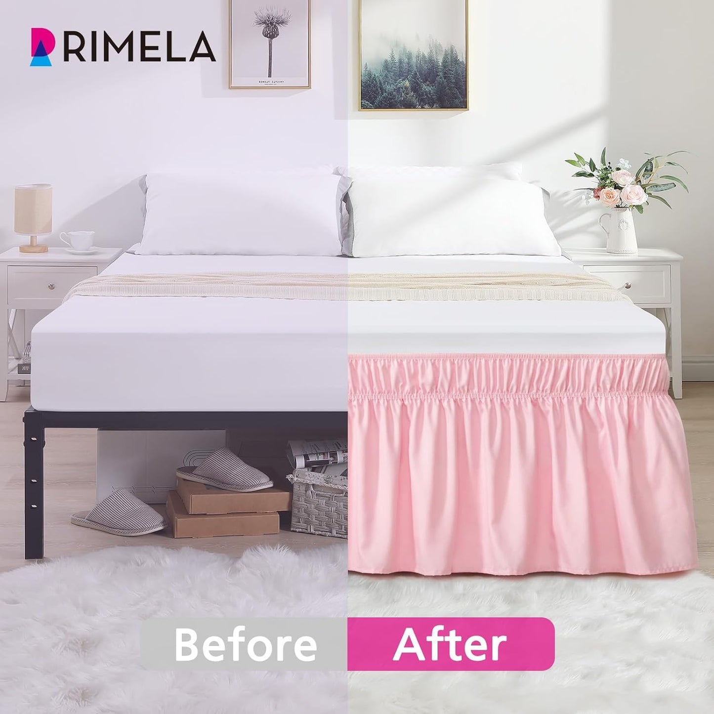 RIMELA Pink Bed Skirt King Size 15 Inch Drop, Elastic Bed Skirting for Bed Base and Frame, Bedding Dust Ruffle Easy to Install, Lightweight Comforter Set with Wrap Around Adjustable Bedskirt