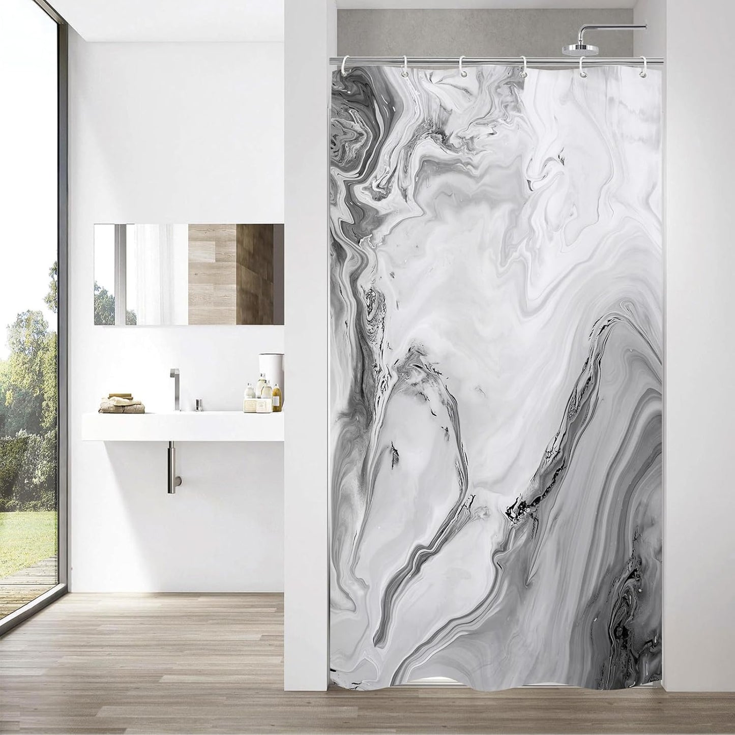 MitoVilla Grey Marble Small Stall Shower Curtain 36 x 72, Abstract Ombre Half Size Narrow Shower Curtain Set, 36 inch Modern Fabric Shower Curtains for Chic Luxury Bathroom Decor