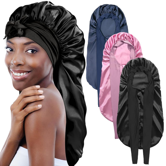 3Pcs Bonnets for Black Women Braid Bonnet, Large Long Satin Bonnet for Braids, Black Women Satin Silk Bonnet with Stretchy Tie Band Sleep Bonnet Cap for Long Curly Hair (Black & Dark Blue & Rose Pink)