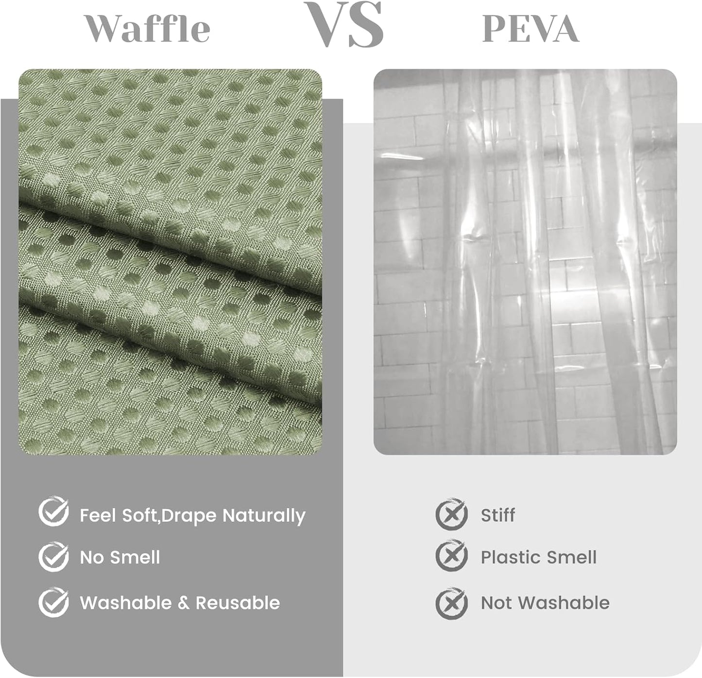 No Hook Shower Curtain with Snap in Liner Set Waffle Shower Curtain for Bathroom Hotel Style Fabric Waterproof Inner Liner，71" W x 86" H, Green