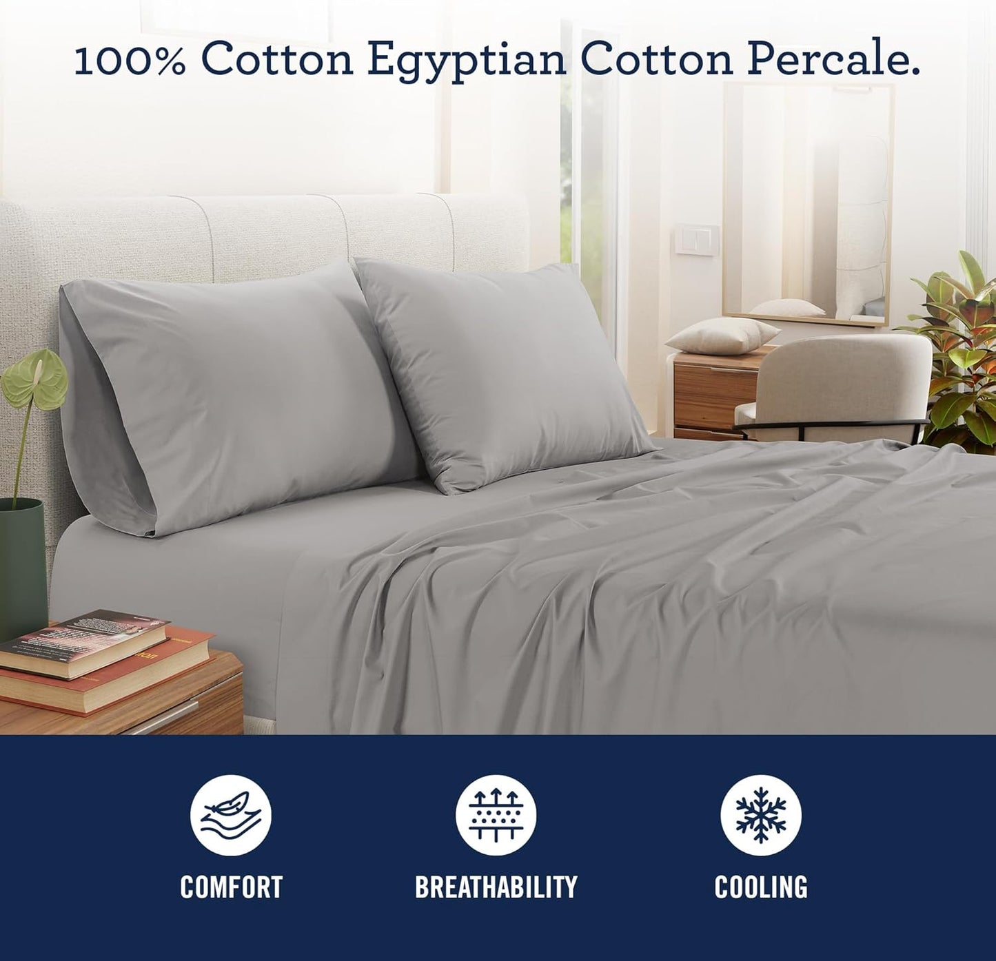 IZOD 100% Egyptian Cotton Sheets Set Twin Size, Cotton Percale Crisp Sheet Set 3Pc,Lightweight & Deep Pocket fits Upto 17", Long-Staple Soft Combed, Hotel Style Luxury Bedding Sheet - Sterling Silver