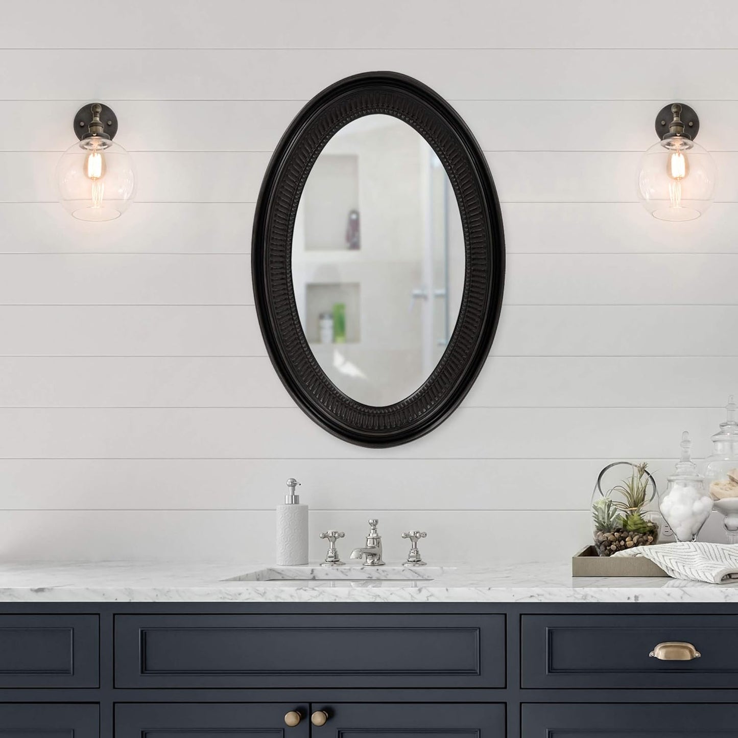 Howard Elliott Ethan Black Oval Decorative Wall Hanging Mirror, Vintage Oval Mirror for Wall Decor Resin Frame Vanity Mirror Perfect for Living Room, Bedroom & Home Decor, 21 x 31 Inch