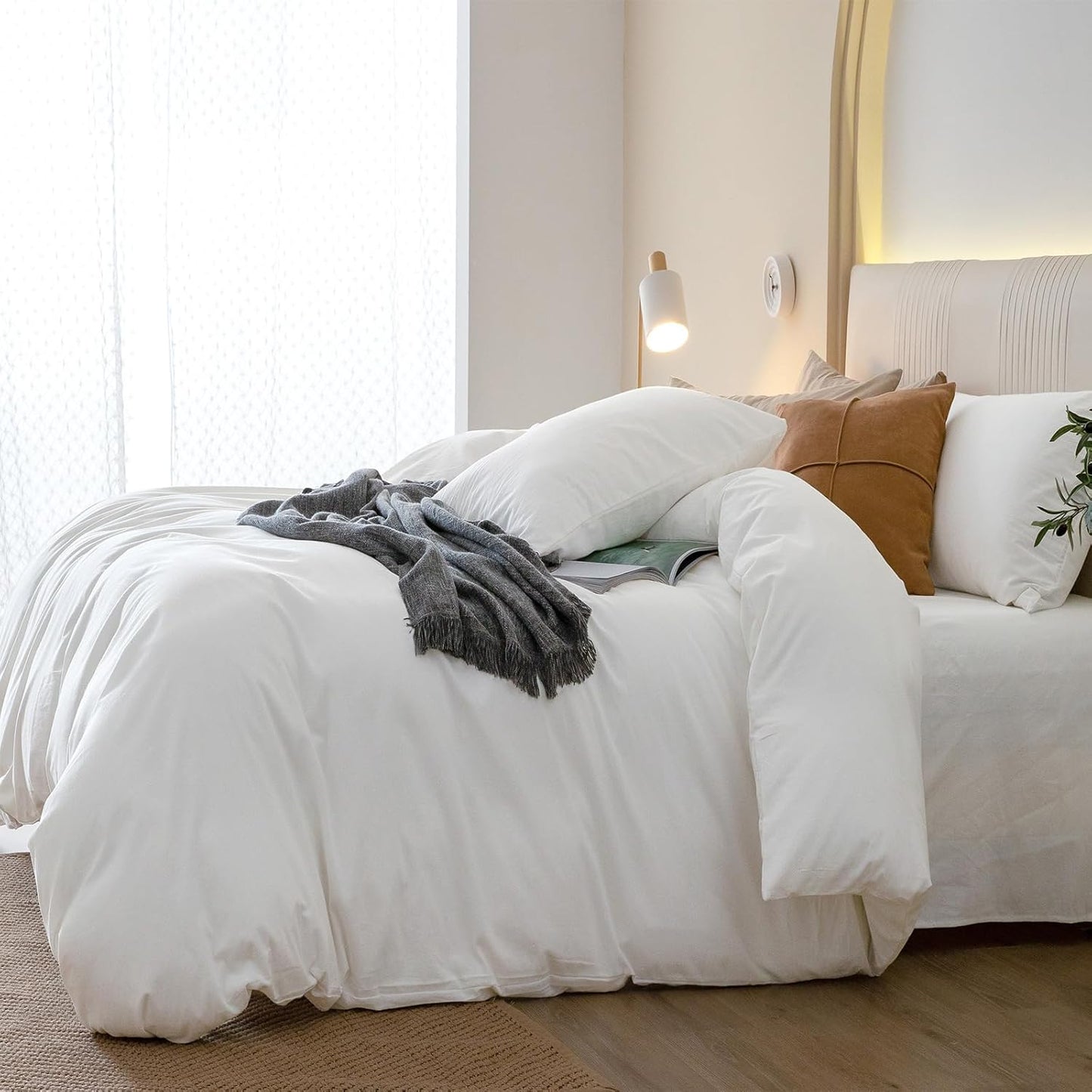 JIYUAN 100% Washed Cotton Duvet Cover Set 3 Pieces Full, 1 Duvet Cover 80x90 Inches(Comforter Not Included) and 2 Pillowcases,Linen Feel Bedding Set Comfy and Breathable,Bright White