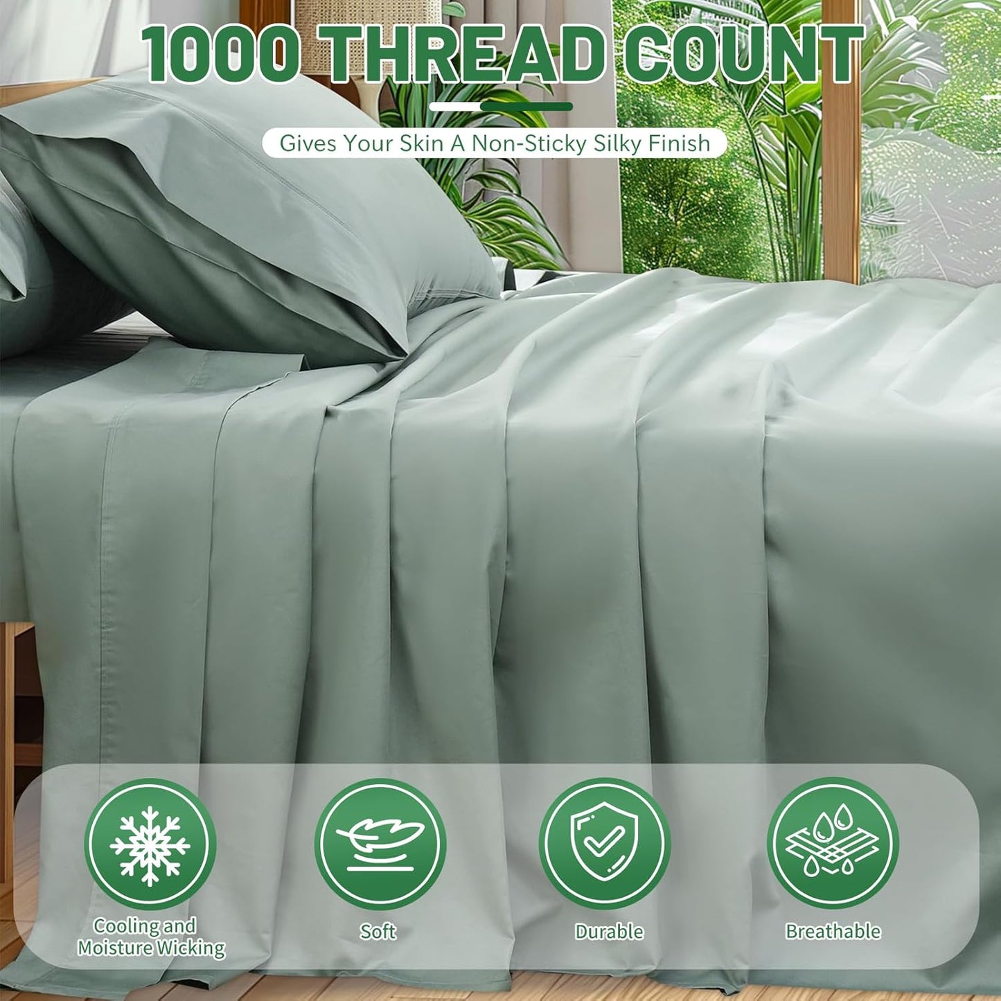 100% Egyptian Cotton Sheets King Size 1000 Thread Count Sateen Weave Soft Breathable 16-Inch Deep Pocket 4PCS（King,Sage Green）