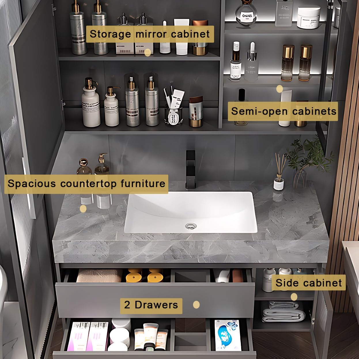 Gray 36IN Modern Bathroom Vanity - Wall-Mounted Bathroom Storage Cabinet & Bathroom Vanity with Sink, Bathroom Medicine Cabinet Wall Mounted, Defogging & Led Lighting | Bathroom Cabinet Slim