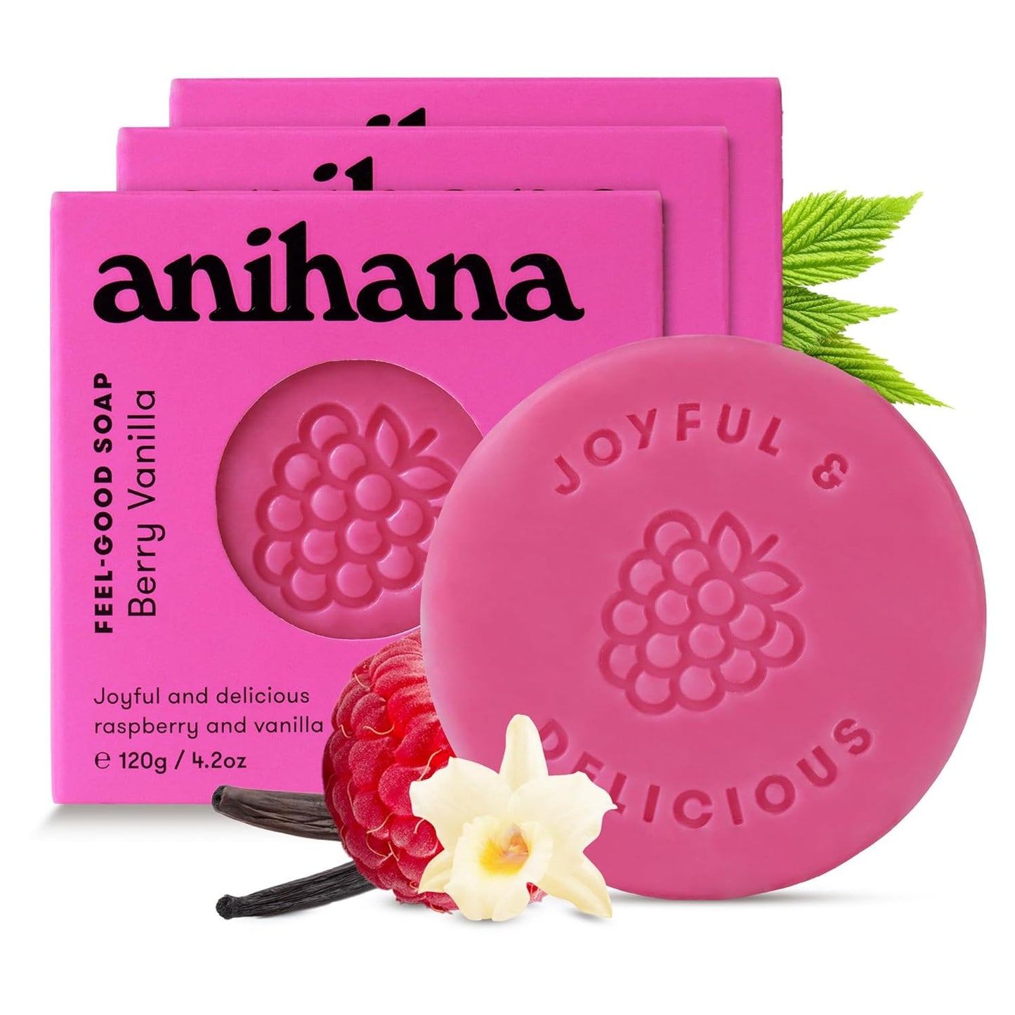 ANIHANA Feel-Good Soap 3 Pack with Coconut Oil and Shea Butter, Gentle Cleansing, Paraben Free, Cruelty Free, Refreshing Berry Vanilla Scent, 4.2 oz each