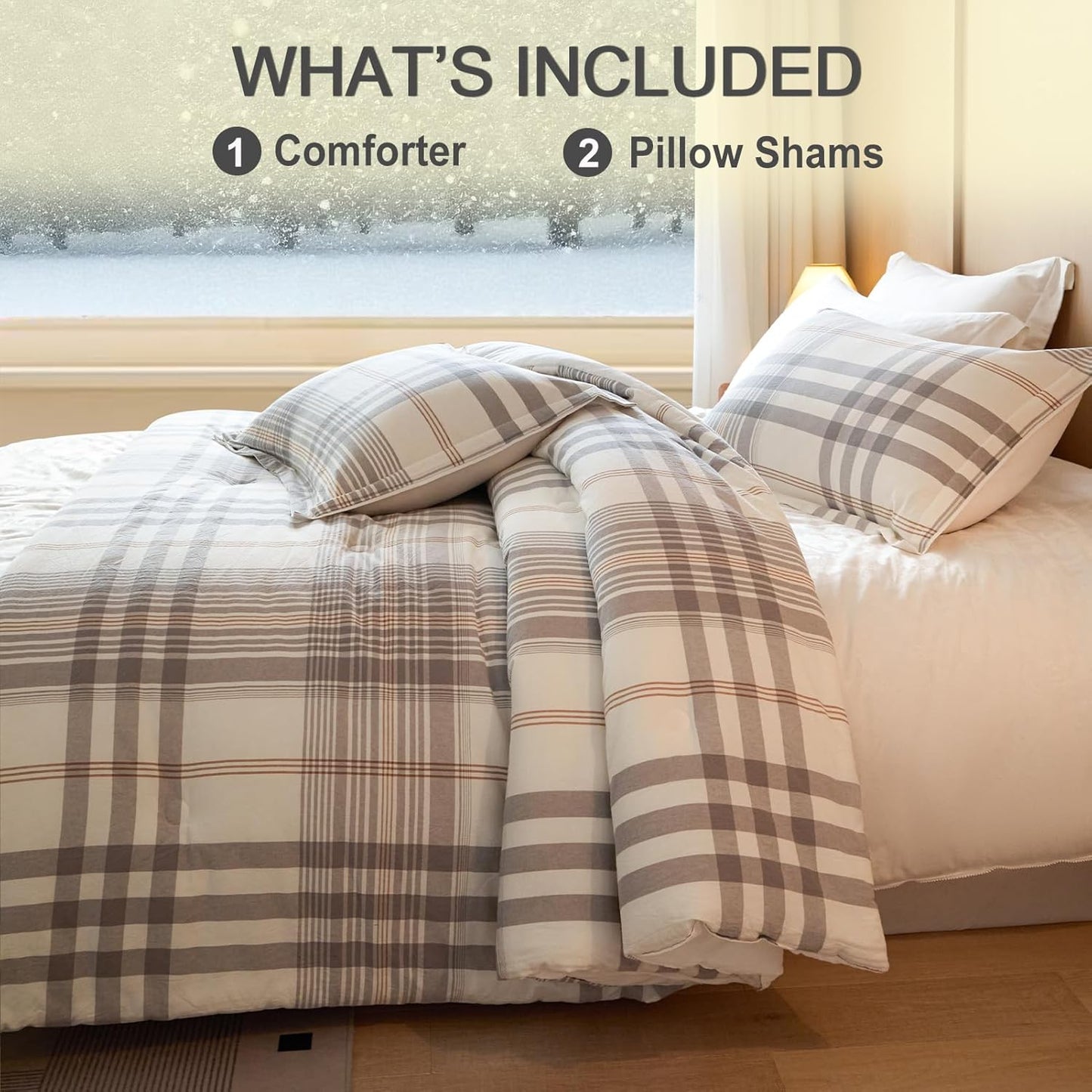 100% Cotton Comforter Set Full Size – Reversible Yarn-Dyed Checkered Design, Soft Washed Cotton on Both Sides, Lightweight All-Season Bedding, Machine Washable(Grey White Plaid, 80”x90”)