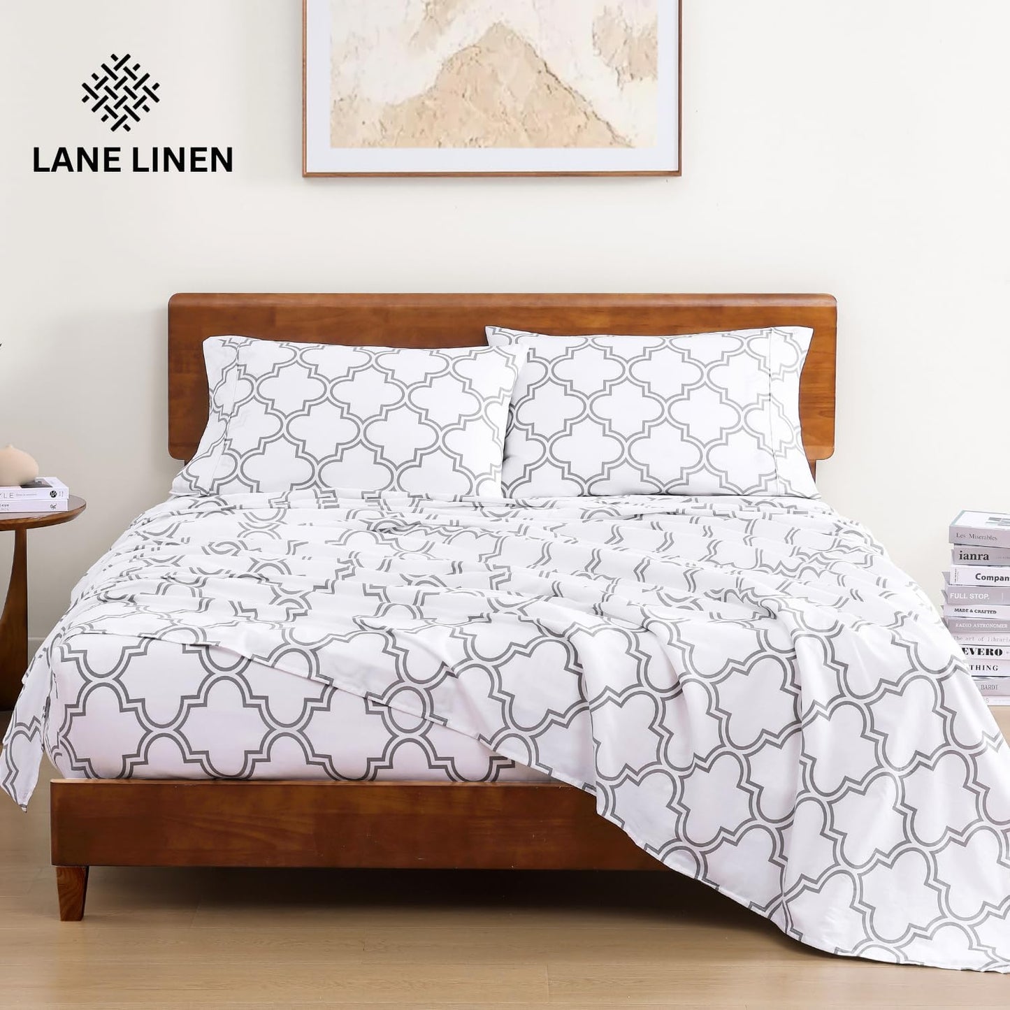 LANE LINEN 100% Organic Cotton King Size Bedding Sets, Soft & Comfy Percale Sheets, Breathable Luxury Hotel Low Pill Fade Resistant Printed Cotton Sheets,15" Deep Pocket King Sheet Set - Trellis