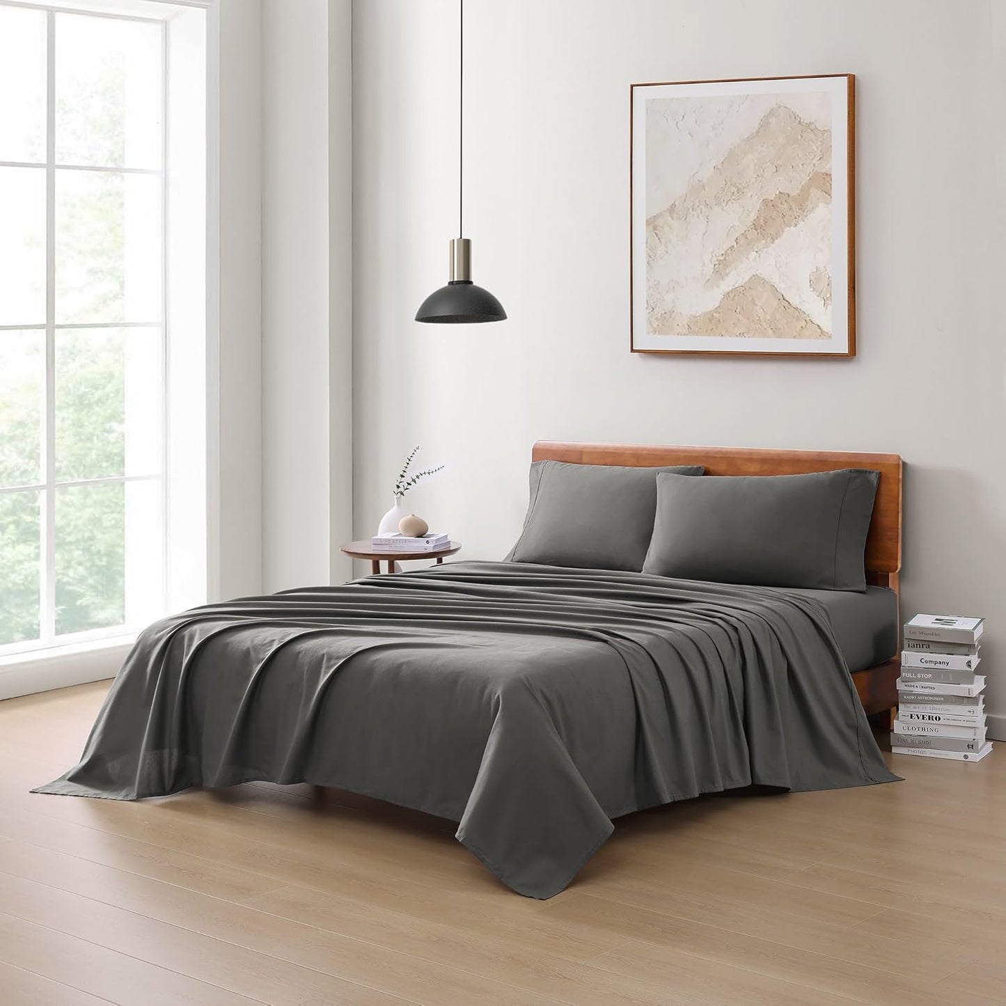 LANE LINEN 100% Organic Cotton Full Size Sheets, Hotel Like Crisp Percale Low Pill Fade Resistant Reinforsed Seam Cotton Sheets, Naturally Cooling 15" Deep Pocket Full Bedding Set- Charcoal