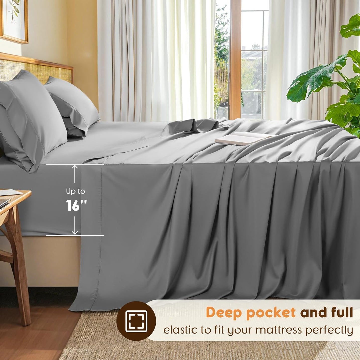 LBRO2M 100% Cotton Sheets Set Queen Size 600 Thread Count 4 Piece Sets Bed Sheet Deep Pocket Up to 16" Soft Comfortable All Season (Queen, Gray)