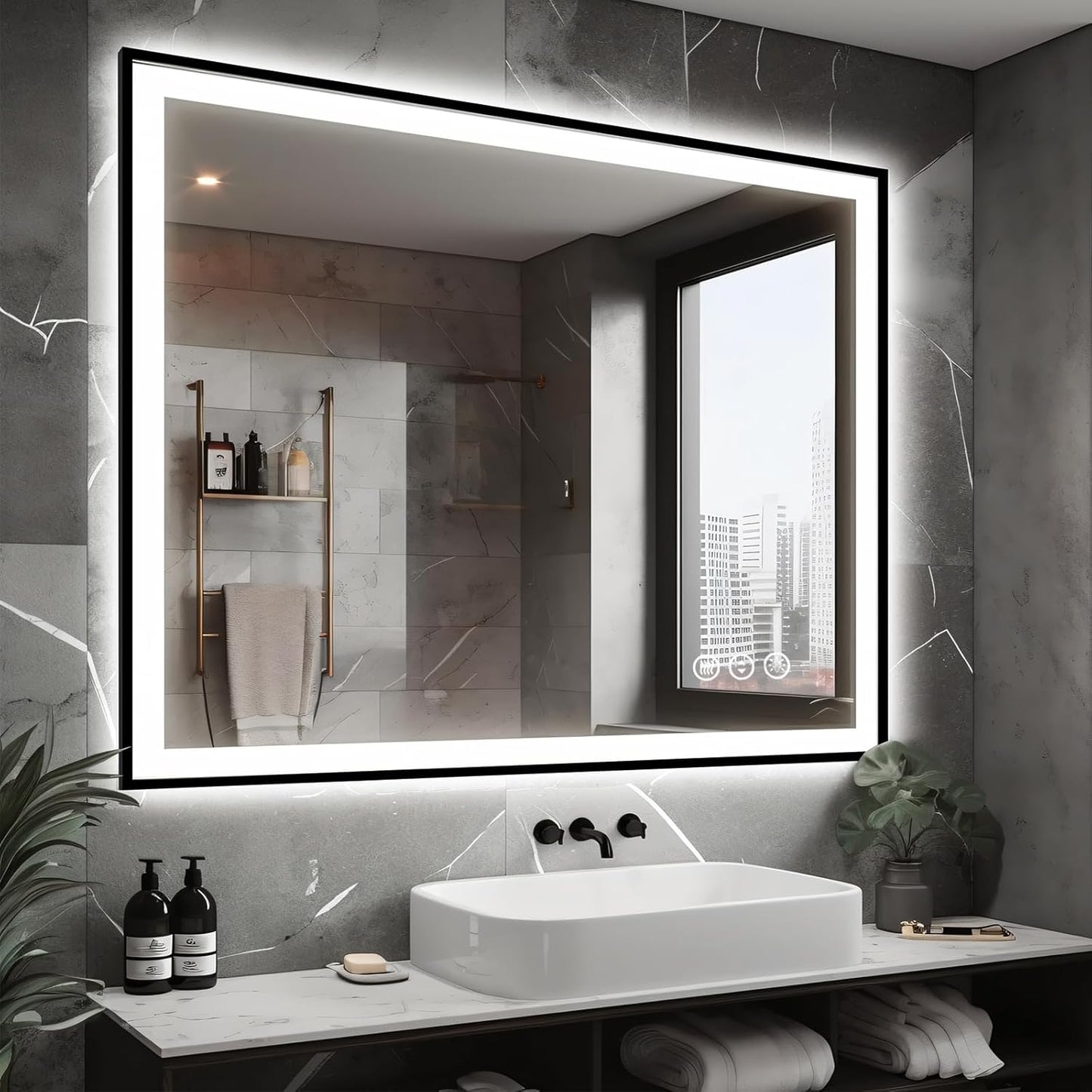 48x40 LED Lighted Bathroom Mirror - Black Aluminum Framed (Front and Backlit), Anti-Fog Bathroom Mirror with Lights,Stepless Dimmable LED Mirror,3 Colors Smart Mirror(Horizontal/Vertical)