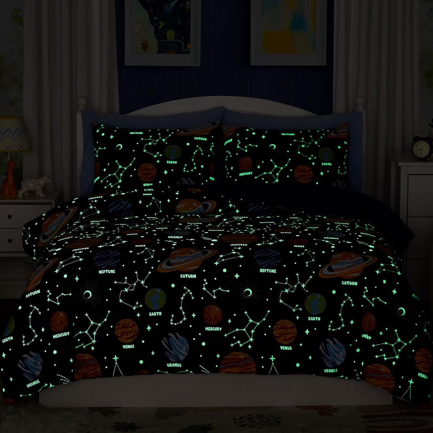 Twin Comforter Set for Boys-5 Pieces Space Glow in The Dark Twin Bedding Sets for Kids, Ultra Soft Bed in A Bag with Sheets